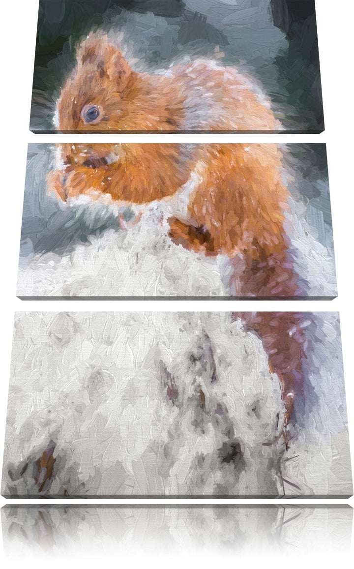 Pixxprint Kleines Eichhörnchen im Winter Pinsel Effekt 3-Teiler Leinwandbild 120x80 Bild auf Leinwan