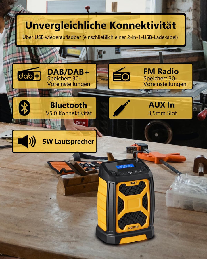 Baustellenradio Mit Akku Aufladbar (6000mAh), Tragbares DAB+/FM Radio, Bluetooth Lautsprecher & Dual