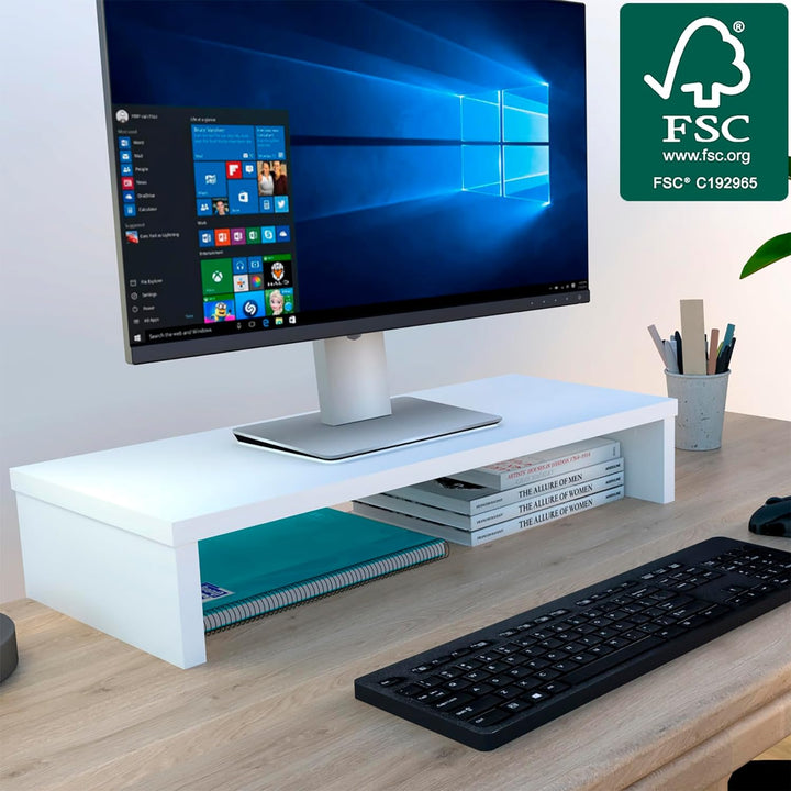 Henor Monitorständer TV-Bildschirmerhöhung in FSC® Holz 62 x 26.5 x 12 cm. Unterstützt 50 kg Weiss 6