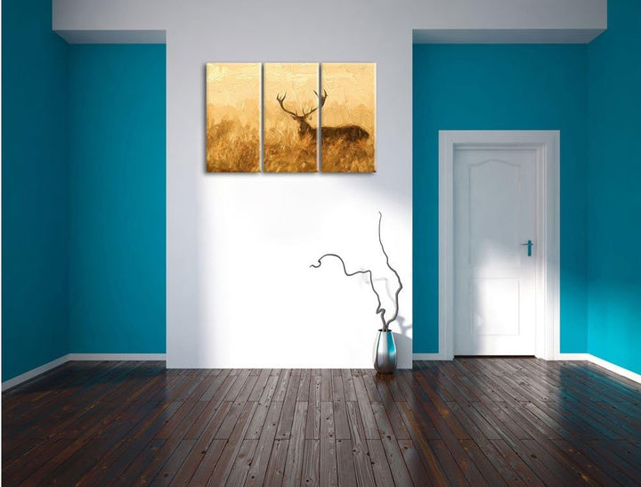 Pixxprint Rotwild Hirsch in Abenddämmerung als Leinwandbild/Grösse: 3 Teilig (120x80 cm) cm/Wandbild