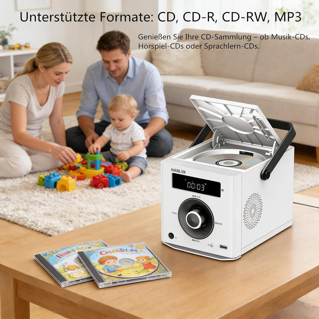 HANLIM Tragbarer CD-Player 20W Bluetooth-kompatibel/UKW-Radio/MP3-Wiedergabe/USB/AUX-Eingang/Kopfhör