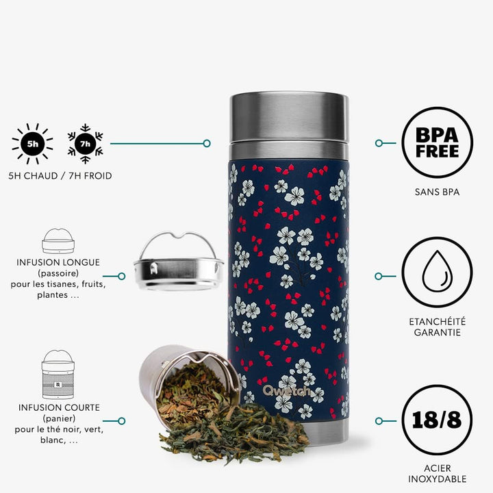 Qwetch - Teekanne mit Thermoskanne – Hanami blau 400 ml – Infuserflasche Nomade Edelstahl – 5 Stunde