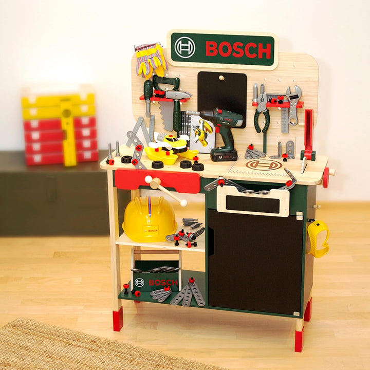 Theo Klein 8734 Bosch Holzwerkbank I Robuste Kinderwerkbank, höhenverstellbar I Elektr. Akkuschraube