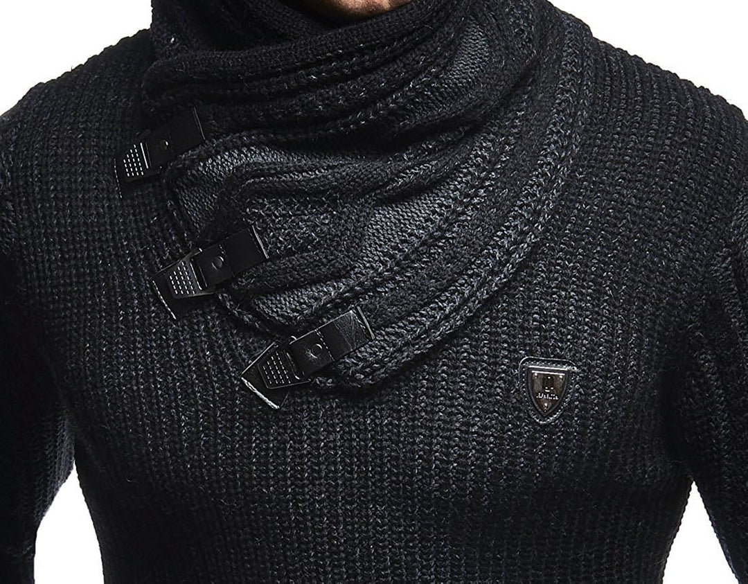 Leif Nelson Herren Strick-Pullover Schalkragen Slim Fit Winter Sommer Moderner Männer schwarzer Pull