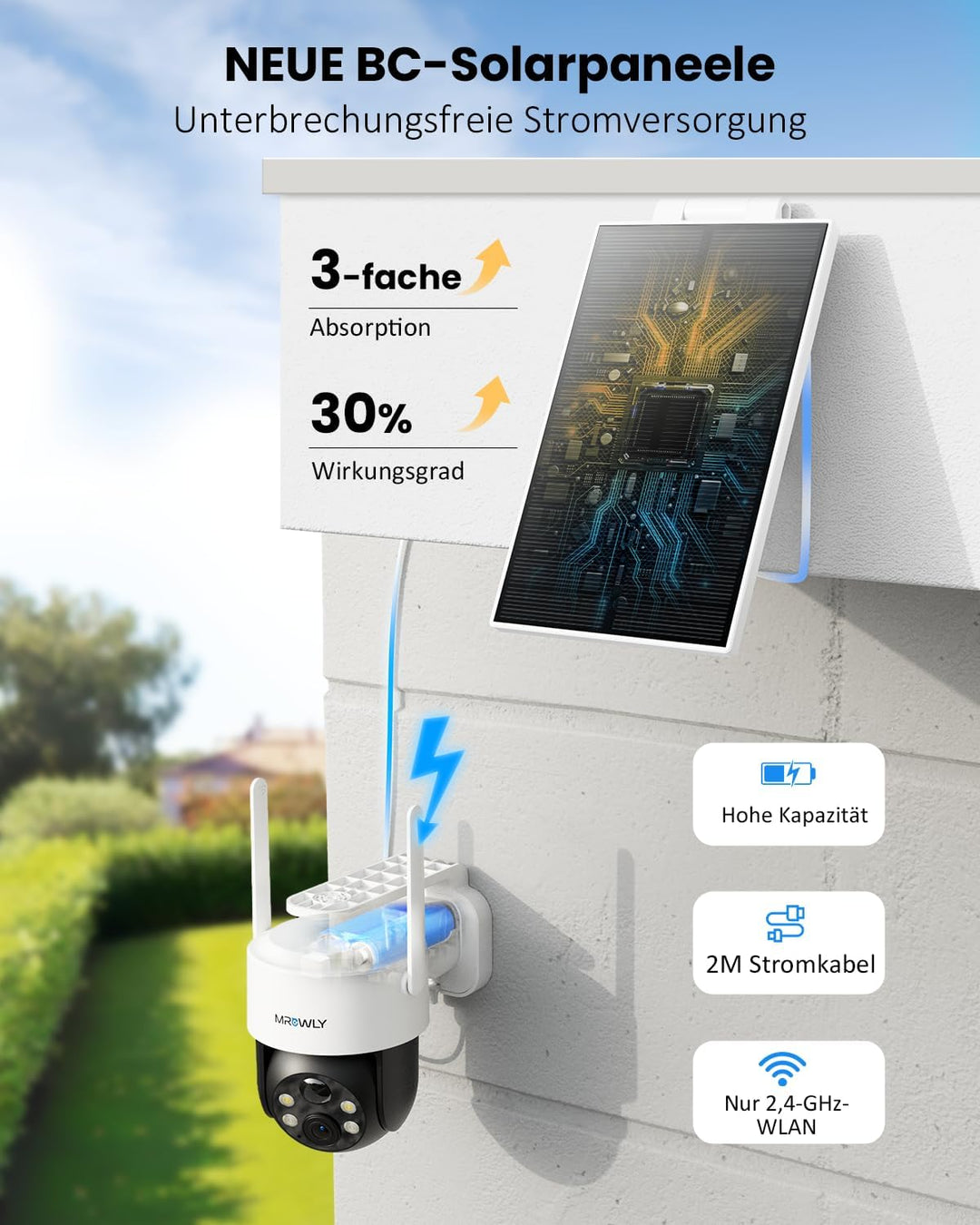 2K Überwachungskamera Aussen Solar, 360° PTZ WLAN Kamera Outdoor Kabellos mit abnehmbarem Solarpanel