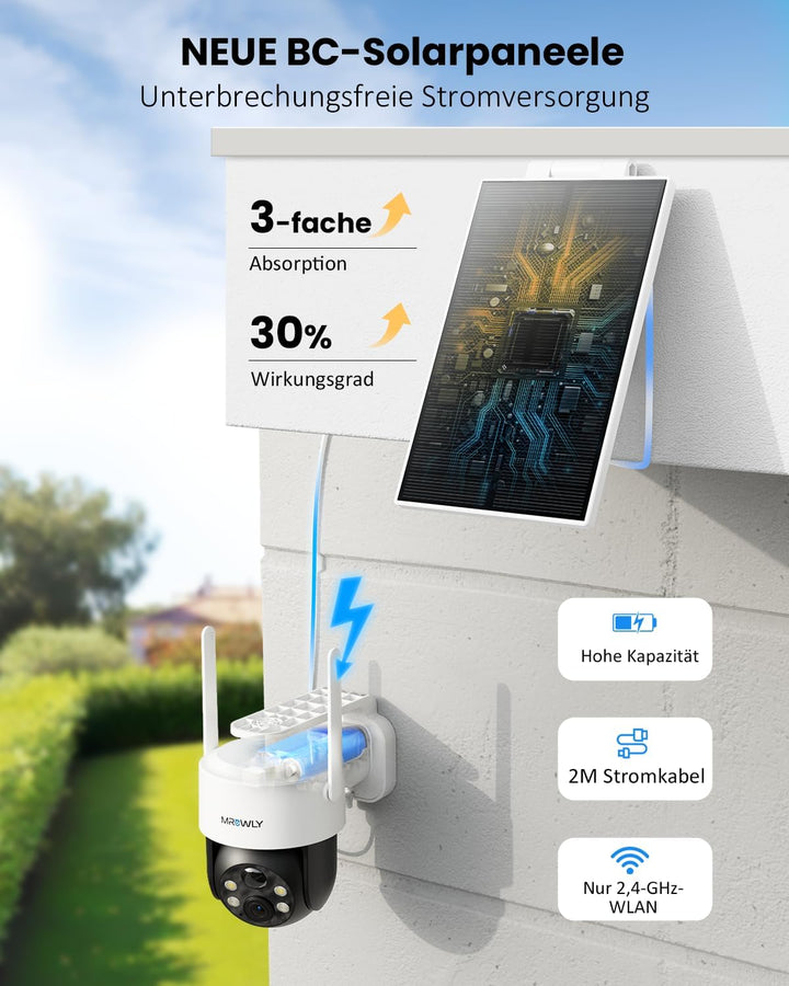 2K Überwachungskamera Aussen Solar, 360° PTZ WLAN Kamera Outdoor Kabellos mit abnehmbarem Solarpanel