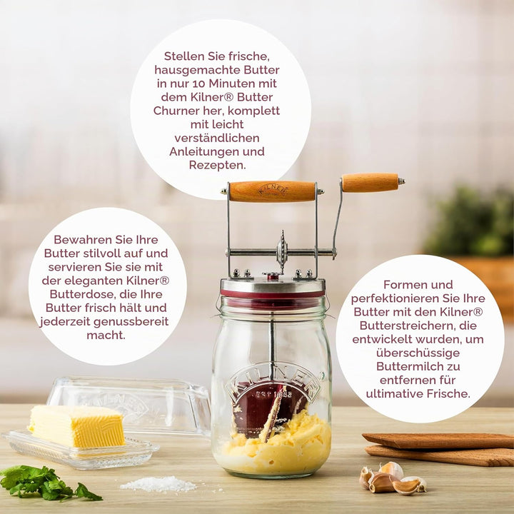 Kilner Butterfass Glas mit Handkurbel, manuelle Handkurbel und Silikonmixer, 1L, Öffnung: 7,2 cm, 16