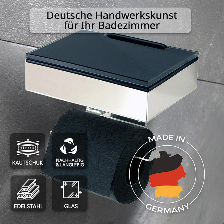 Toilettenpapierhalter mit Feuchttücherbox - Gehäuse Poliert & Abdeckung Glas Schwarz- befüllbar von