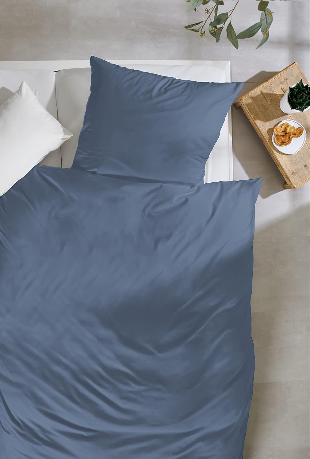 Beddress - Luxus-Satin-Bettwäsche, Uni Denim, 155x220 + 80x80 cm, 100% Baumwolle,Blau 155x2