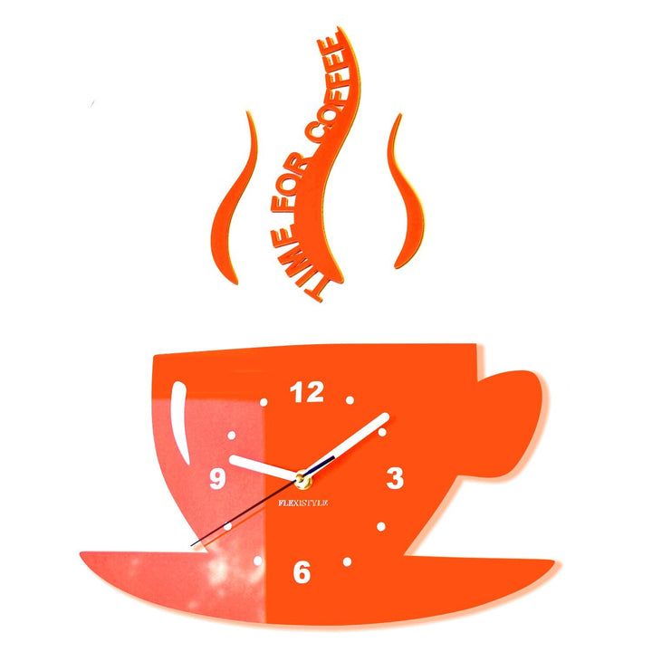 FLEXISTYLE Tasse Time for Coffee Moderne Küche (Zeit für Kaffee) Wanduhr, orange, 3D römisch, wanduh