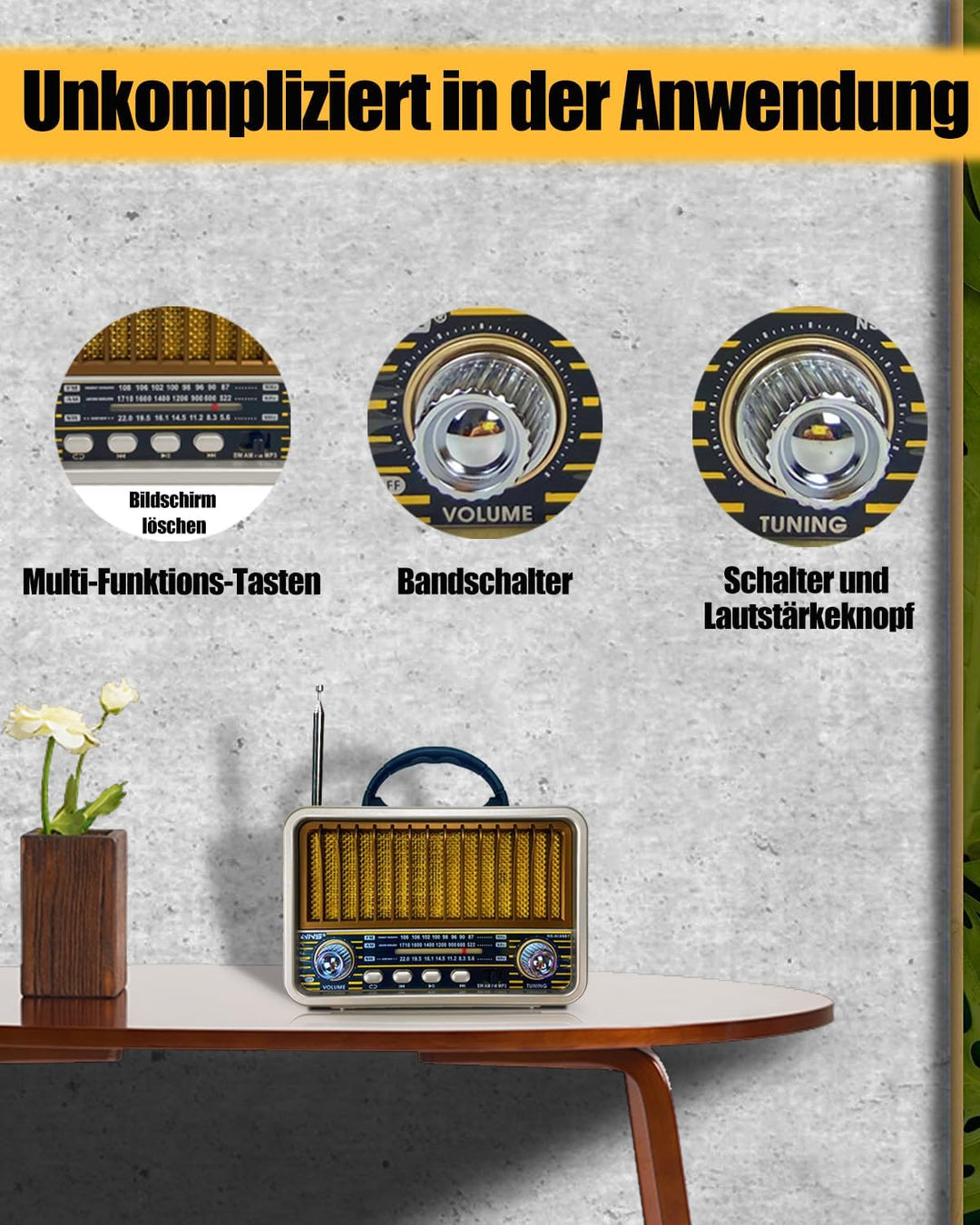 Retro Radio mit Bluetooth, AM/SW/FM Tragbares Radio Klein, UKW Radio Batteriebetrieben Unterstützung
