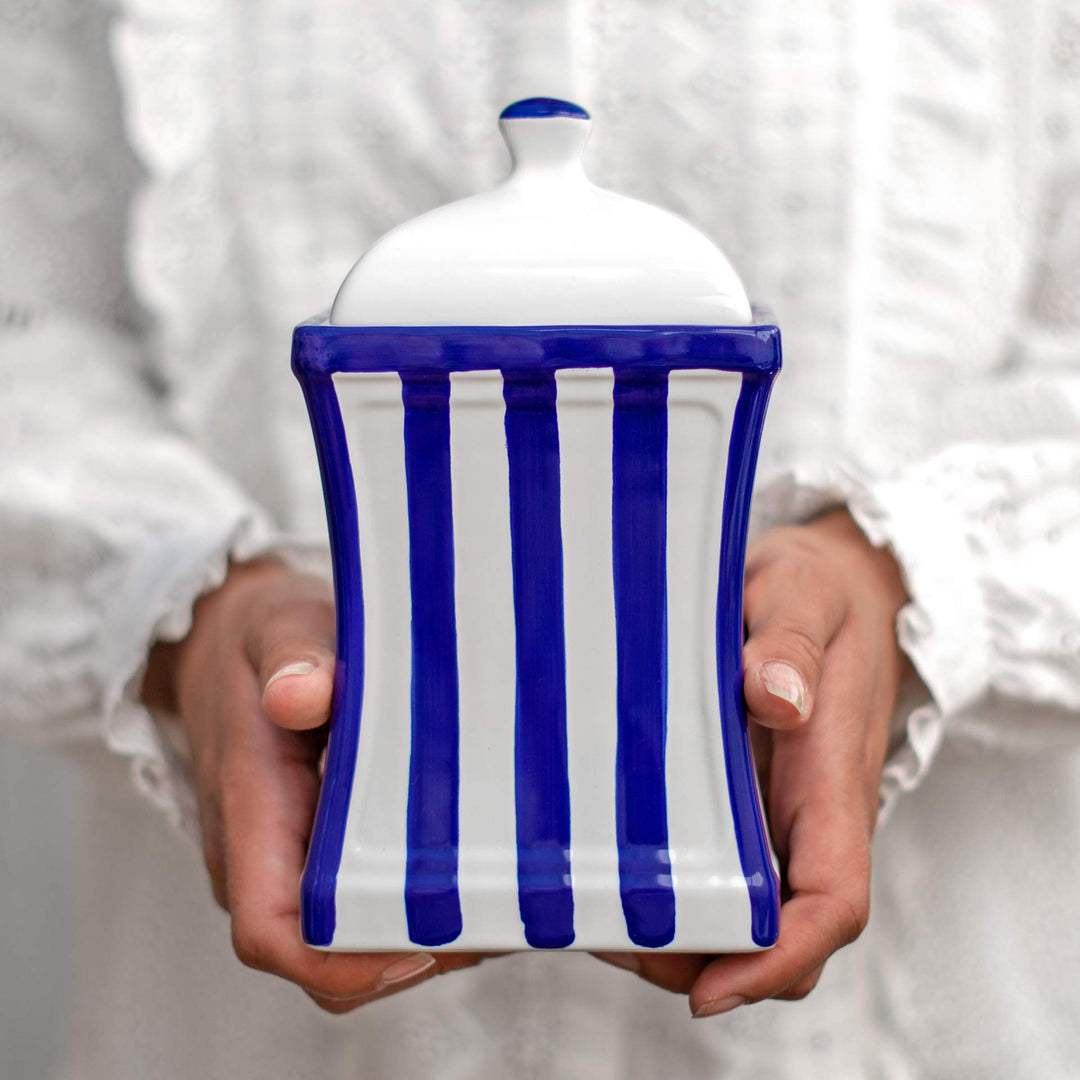 City to Cottage® - Keramik Behälter Küche 900 ml | Blau-Weiss gestreift | Handgemacht | Behälter mit