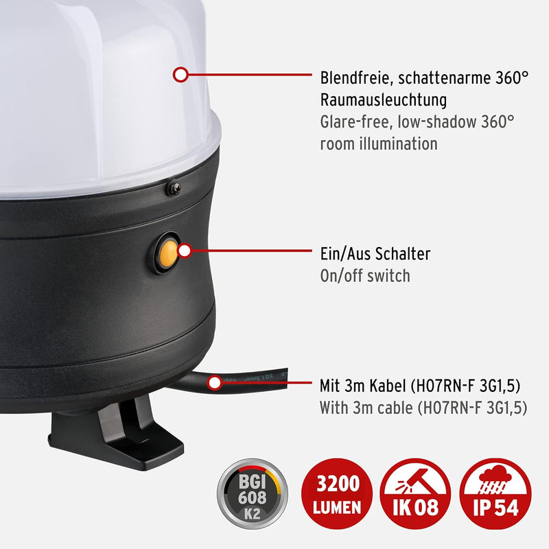 Brennenstuhl 360° LED Baustrahler (30W, 3200lm, 6500K, IP54, LED Arbeitsstrahler mit spritzwasserges