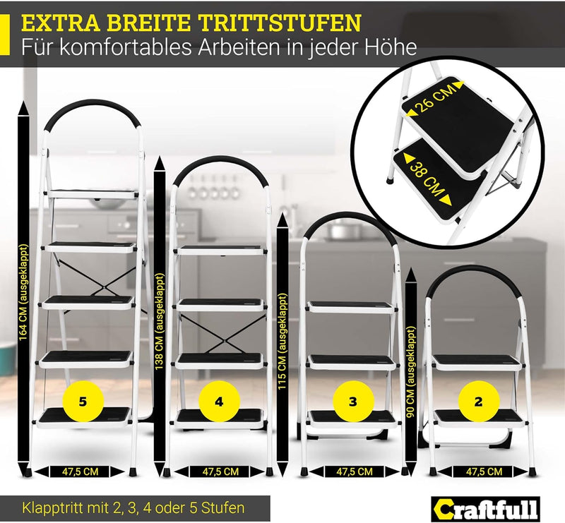 𝐂𝐑𝐀𝐅𝐓𝐅𝐔𝐋𝐋 Klapptritt CF-130A | 𝟑 𝐉𝐀𝐇𝐑𝐄 𝐆𝐀𝐑𝐀𝐍𝐓𝐈𝐄 - Haushaltsleiter - 2-5 Stufen - 150 Kg - Leiter - T