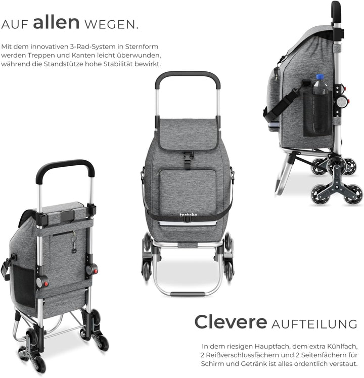 tectake® 3-in-1 Einkaufstrolley Treppensteiger, nutzbar als Umhängetasche, Sackkarre, Rollwagen klap