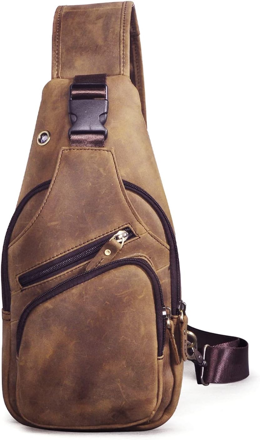 Le'aokuu Herren Echtes Leder Brusttasche Umhängetasche Sport Outdoor Messenger Bag Wanderrucksäcke（8