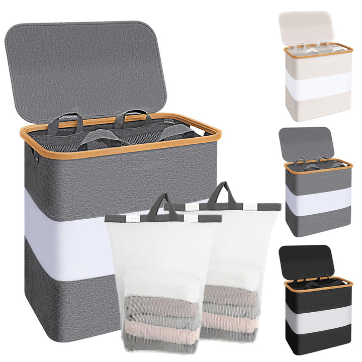 Verdego Wäschekorb mit Deckel, 2 Wäschesack, Wäschesammler, 102L, Grau | Laundry Basket Faltbarer, W