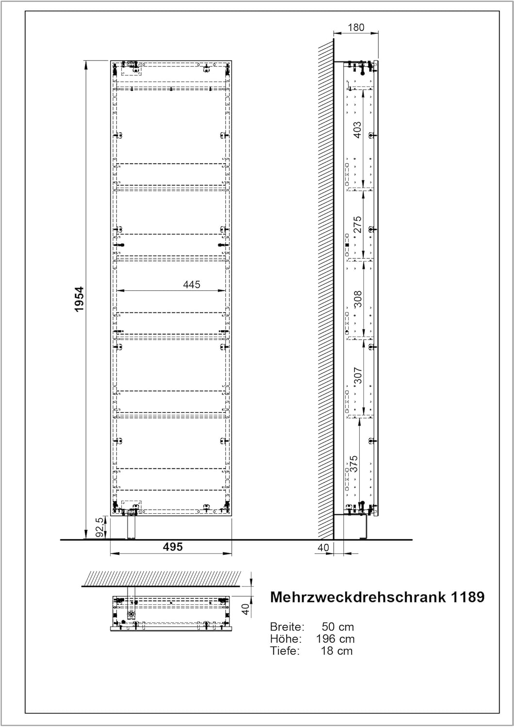 Germania Drehschrank 1189-84, in Weiss, mit verspiegelter Front, 50 x 195 x 18 cm (BxHxT), Weiß