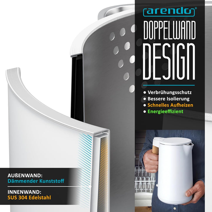 Arendo - Wasserkocher Edelstahl – 1,5 Liter - 2200 Watt – Doppelwand-Design – 360° Controller – BPA-