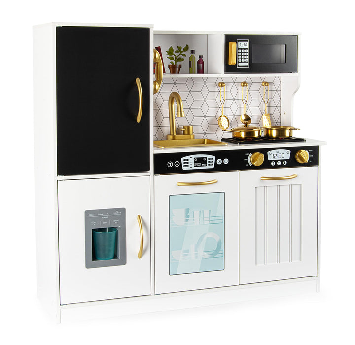 Leomark Kinderküche aus Holz MEMO White Spielküche mit goldenen Accessoires Holzküche für Kinder Spi