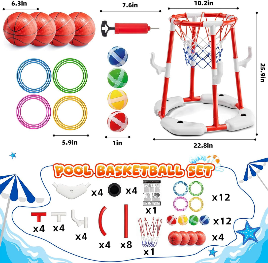 3-In-1 Pool Basketballkorb Outdoor, Schwimmender Basketballkorb, Pool Spielzeug Mit 4 Basketbälle,12