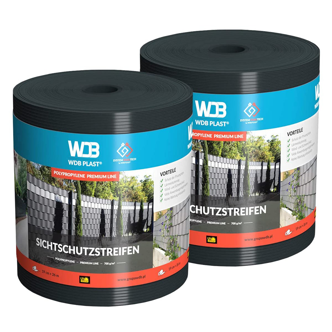 WDB - Sichtschutzstreifen für Doppelstabmatten Sichtschutz Zaun - Set 2X 26 m x 19 cm - Hart PP Wind