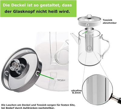 TROPFFREI Teekanne mit Siebeinsatz – Teekanne Glas 1,7L - Teekanne mit Sieb - Glaskaraffe mit Deckel