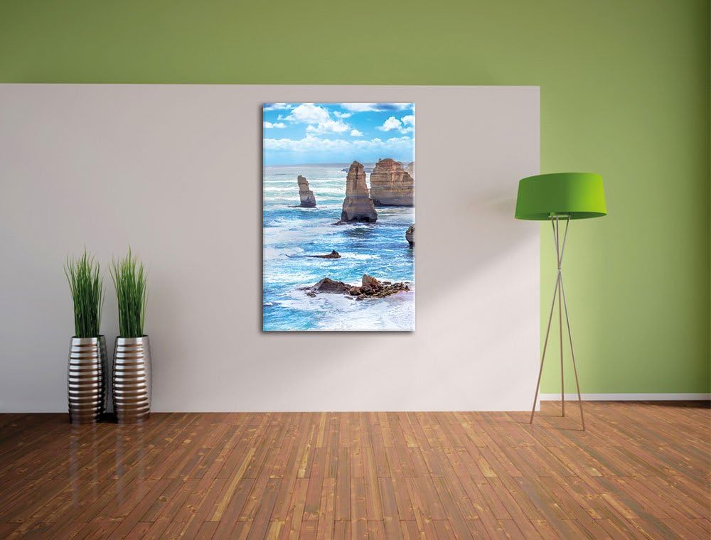 Pixxprint Meer klippe küste Sonnenaufgang Steine Strand, Format: 100x70 auf Leinwand, XXL riesige Bi