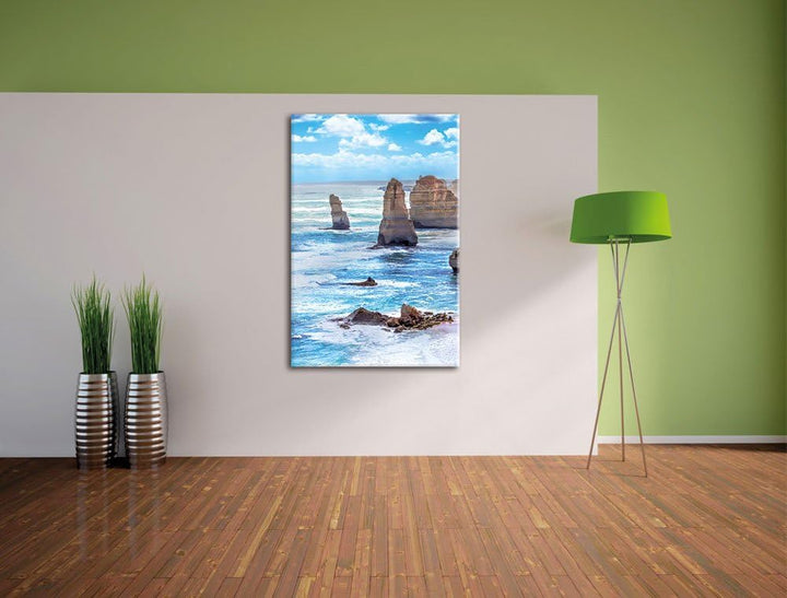 Pixxprint Meer klippe küste Sonnenaufgang Steine Strand, Format: 100x70 auf Leinwand, XXL riesige Bi
