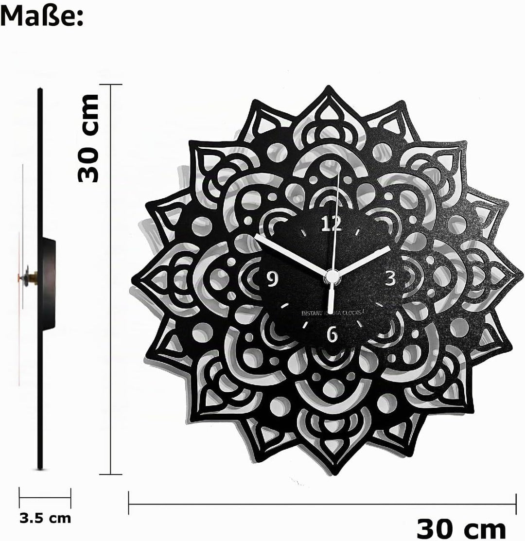 Instant Karma Clocks Wanduhr Mandala Blumen Kunstwerk Dekoration Chakra Kunst Geschenk, Schwarz, 30c