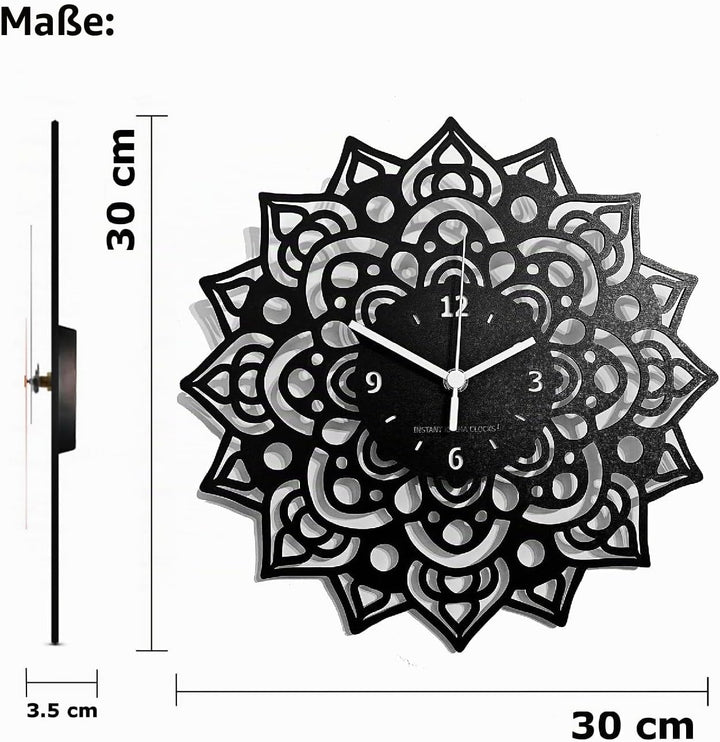 Instant Karma Clocks Wanduhr Mandala Blumen Kunstwerk Dekoration Chakra Kunst Geschenk, Schwarz, 30c
