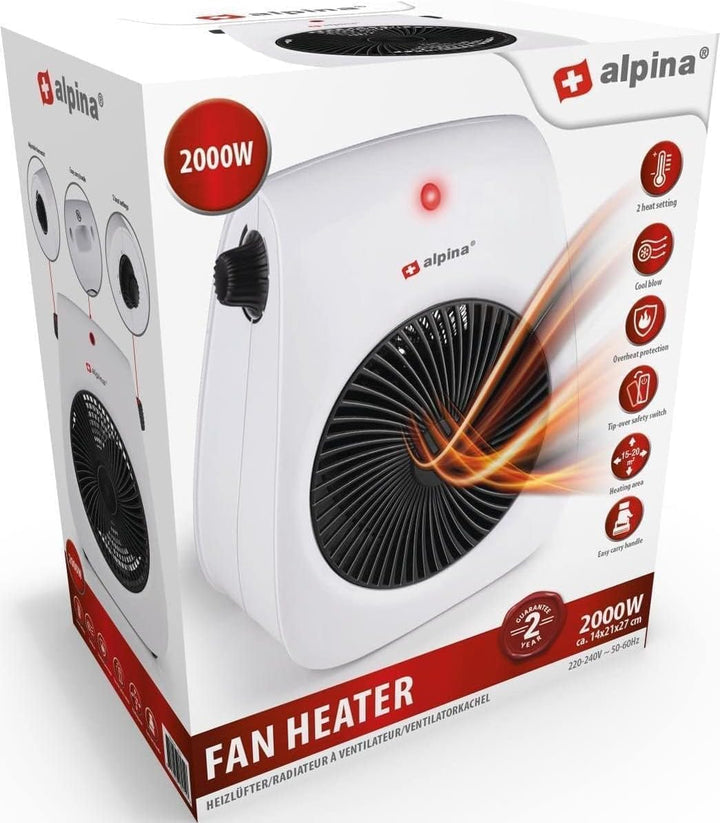 alpina Heizlüfter Elektroheizung - max 2000W - Heizung und Kühlung - bis zu 20m2, Weiss & Schwarz He