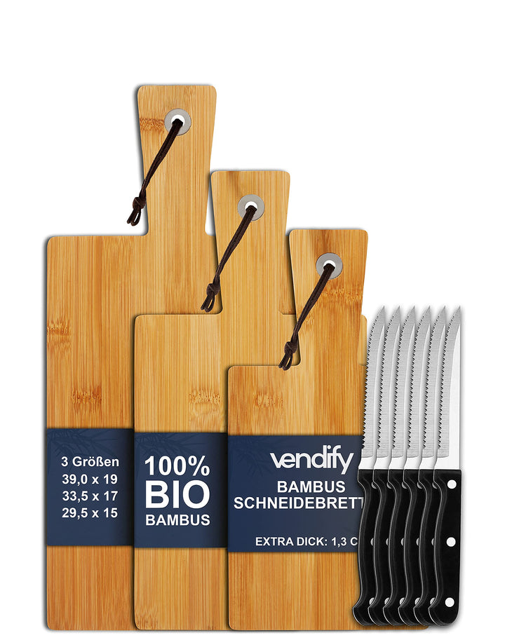vendify® Schneidebrett Bambus 3er-Set & 6x Steakmesser - Frühstücksbrettchen 3 Grössen - Antibakteri