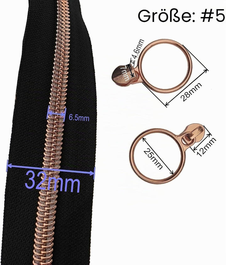 Leekayer 5#Rose Gold Metallic Protrusion Nylon Spule Reissverschluss Meterware Lose 9 Meter Schwarz