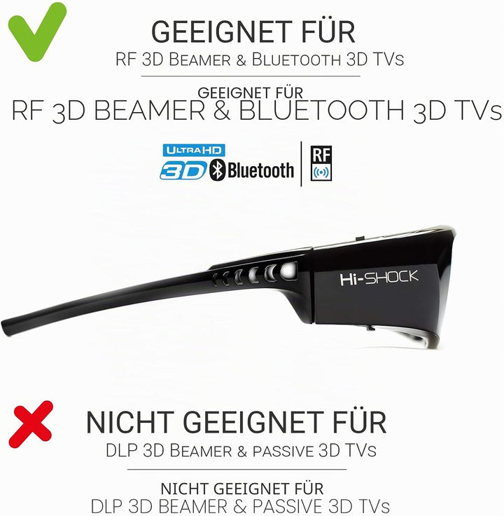 Hi-Shock BT/RF Pro Black Diamond | Bluetooth 3D Brille für 3DTV &amp; 3D-RF Beamer von Sony, Epson, Jvc,