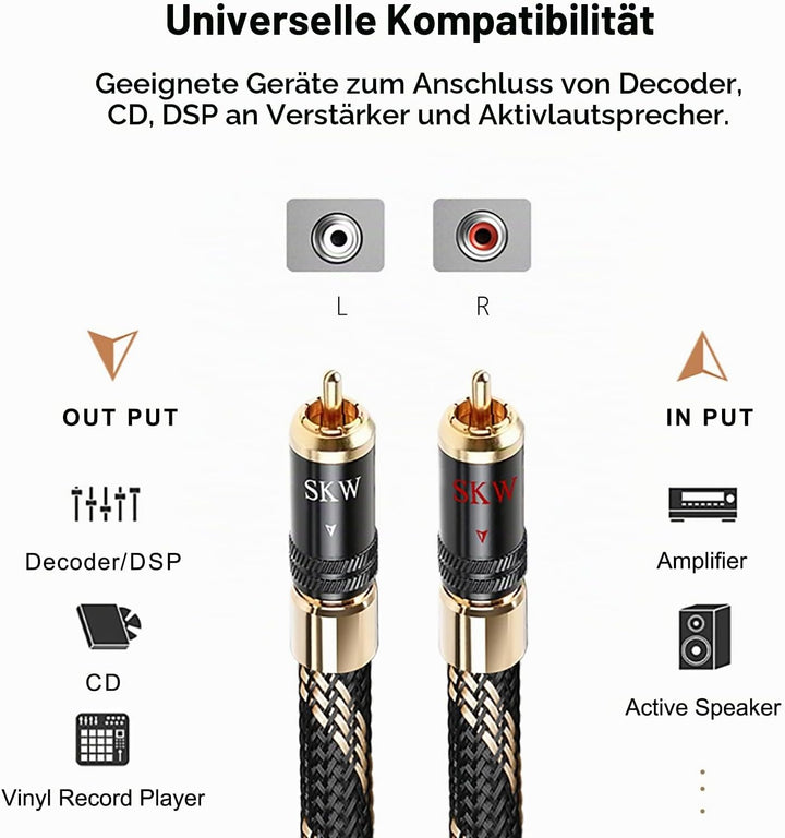 SKW Upgrade Cinch-Audiokabel 2 x Cinch auf 2 x Cinch Stecker mit selbstverriegelndem Stecker, RCA Ka