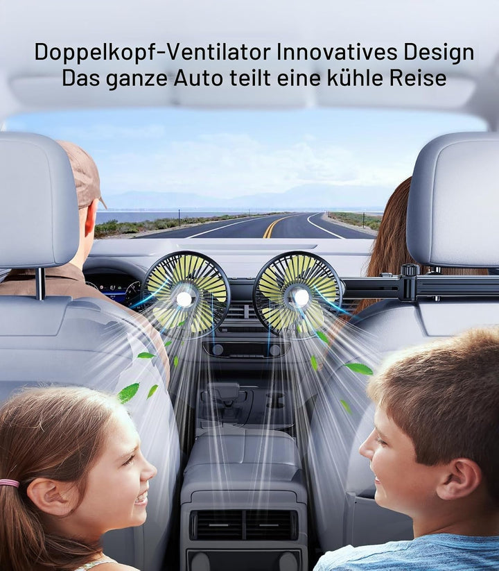 Akku-Ventilator für Auto-Rücksitz mit einziehbarem langem Arm, [Geschenk-Kfz-Ladegerät &amp; USB-C-Kabel