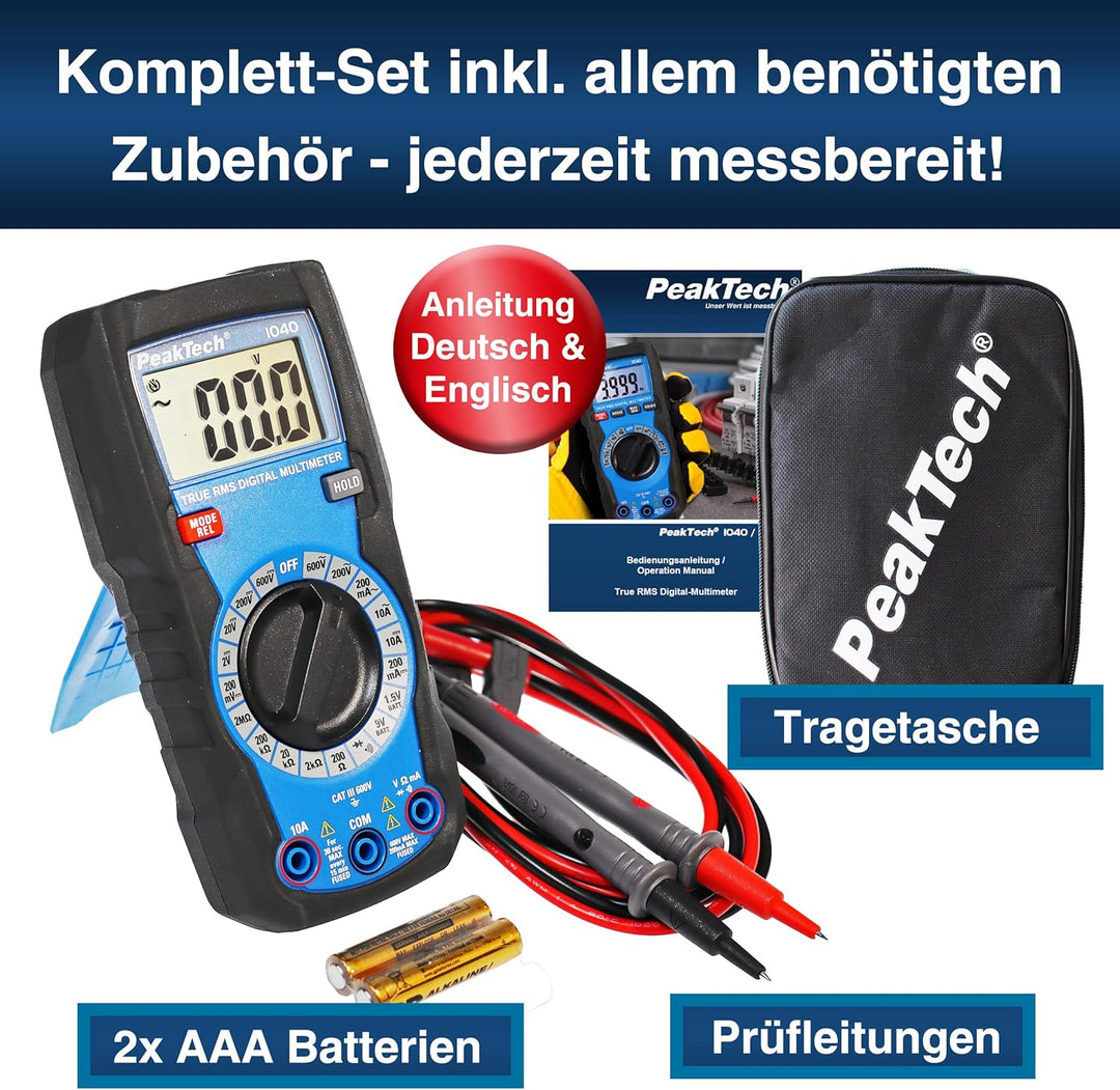 PeakTech 1040 – True RMS Digital Multimeter, Manuell-Range, 2.000 Counts, Durchgangsprüfer, Mehrfach