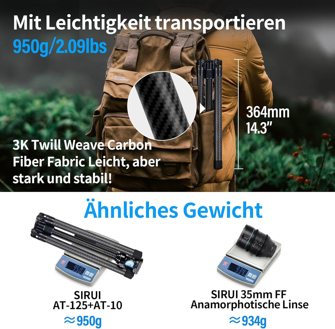 SIRUI Traveler X Carbon Video Kamera Stativ, Reisestativ Leichtes 0,95 kg mit Panorama Video Fluidko