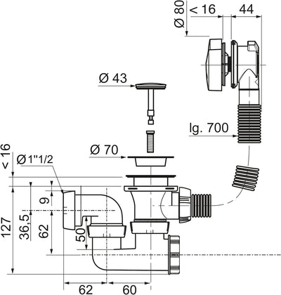 Wirquin SP5603 Ablaufgarnitur / Überlaufgarnitur mit Kabel und Siphon, chromfarben