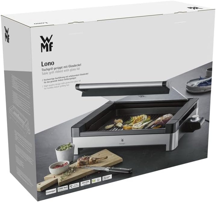 WMF Lono Elektro Tischgrill mit Glasdeckel, beschichtete Grillplatte, 2200 Watt, edelstahl matt