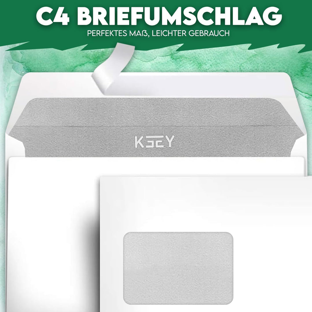 250 Briefumschläge C4 90g/m² mit Fenster, 324x229mm weisse Versandtasche mit grauem Innendruck für S