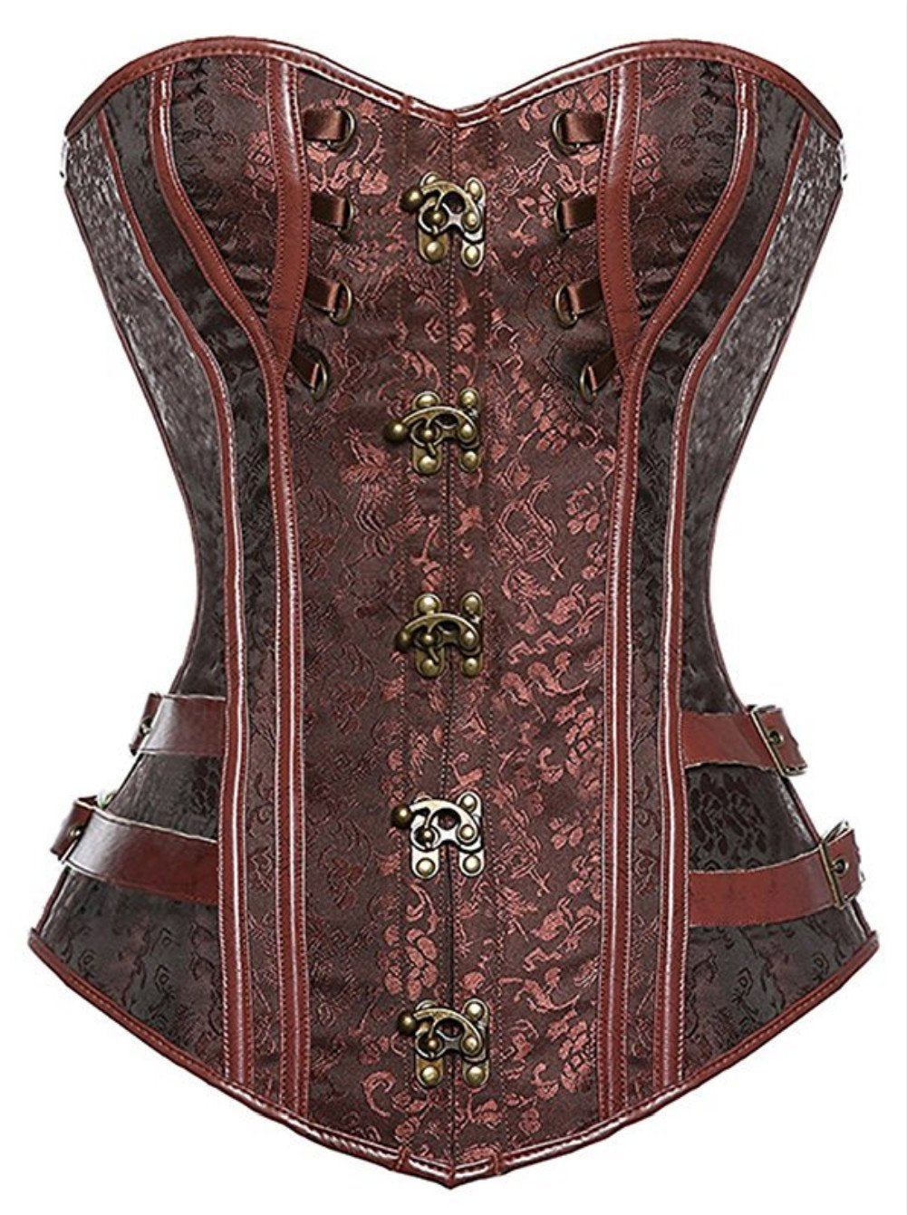 KUOSE Damen Vollbrust Faux Leder Steampunk Corsage Korsett Übergrössen S-6XL, XS Braun-1