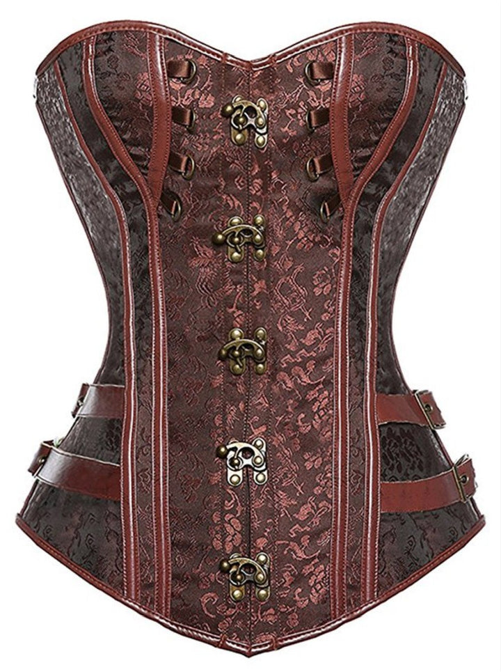 KUOSE Damen Vollbrust Faux Leder Steampunk Corsage Korsett Übergrössen S-6XL, XS Braun-1
