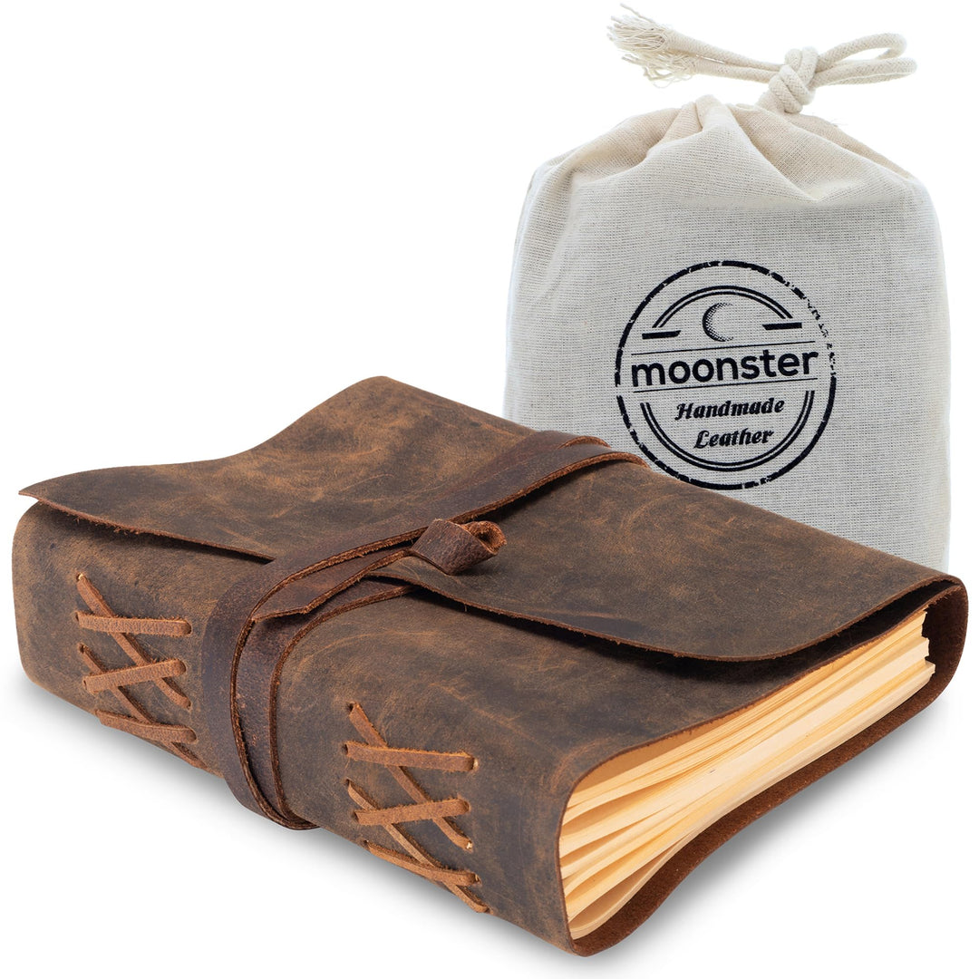 Leder Notizbuch - Ledergebundenes Tagebuch Für Erwachsene, 18x13cm, MOONSTER® Kleines Tagebuch, mit