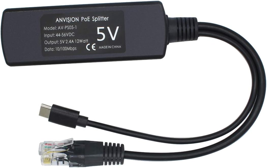 ANVISION PoE-Splitter, 5 V, USB Typ C, 48 V auf 5 V, 2,4 A, IEEE 802.3af-konform. USB C （5V), USB C
