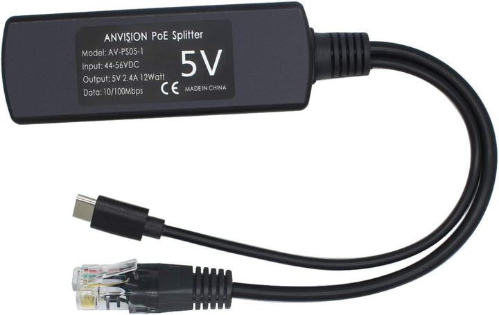 ANVISION PoE-Splitter, 5 V, USB Typ C, 48 V auf 5 V, 2,4 A, IEEE 802.3af-konform. USB C （5V), USB C