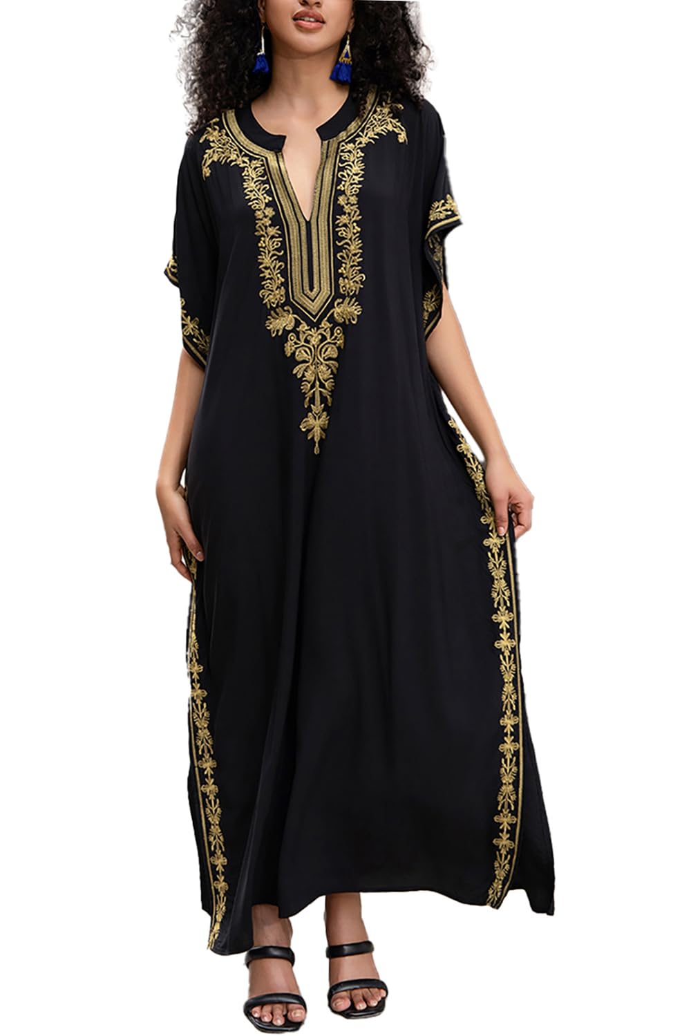 L-Peach Damen Stickerei Kaftan Loungewear Homewear Übergrosse Kimono Maxi Strandkleid Cover Ups Robe