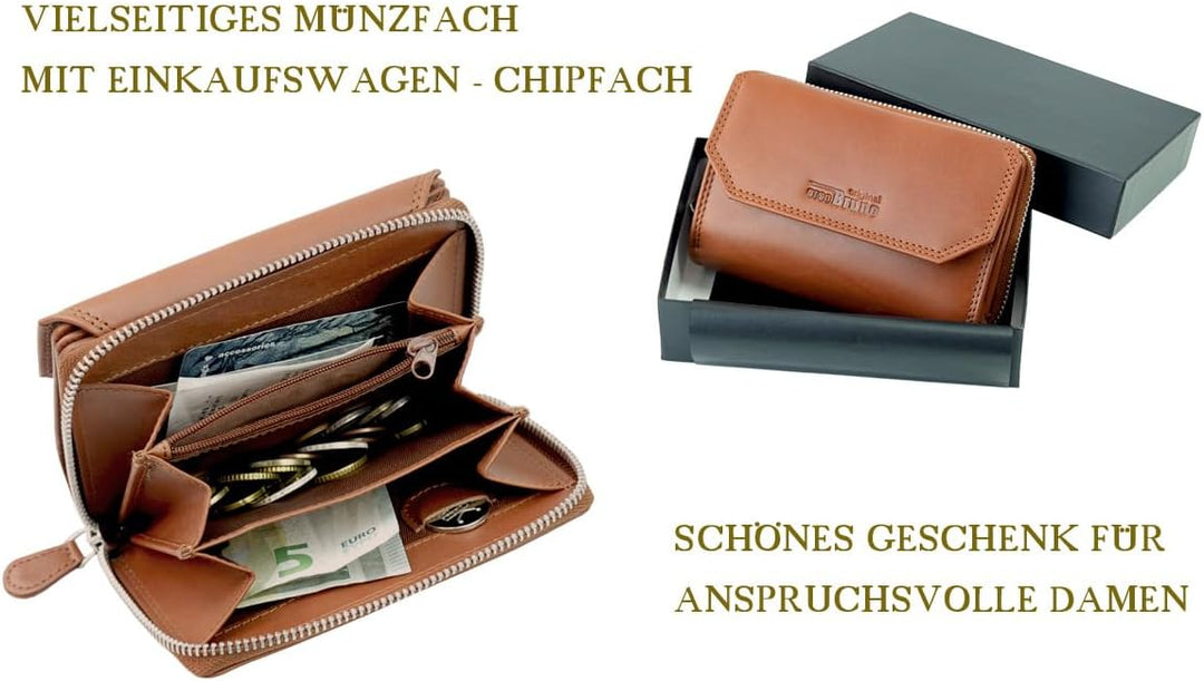 Damen Geldbörse Cognac gross Leder Geldbeutel mittelgross braun Damengeldbörse viele Fächer Portemon