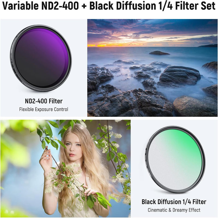 NEEWER 82mm Variable ND 2-400 &amp; Black Diffusion 1/4 Filter für einen filmischen Nebeleffekt, 2 Pack
